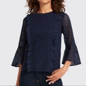 Draper James Navy Blue Lattice Ruffle Bell Sleeve Blouse